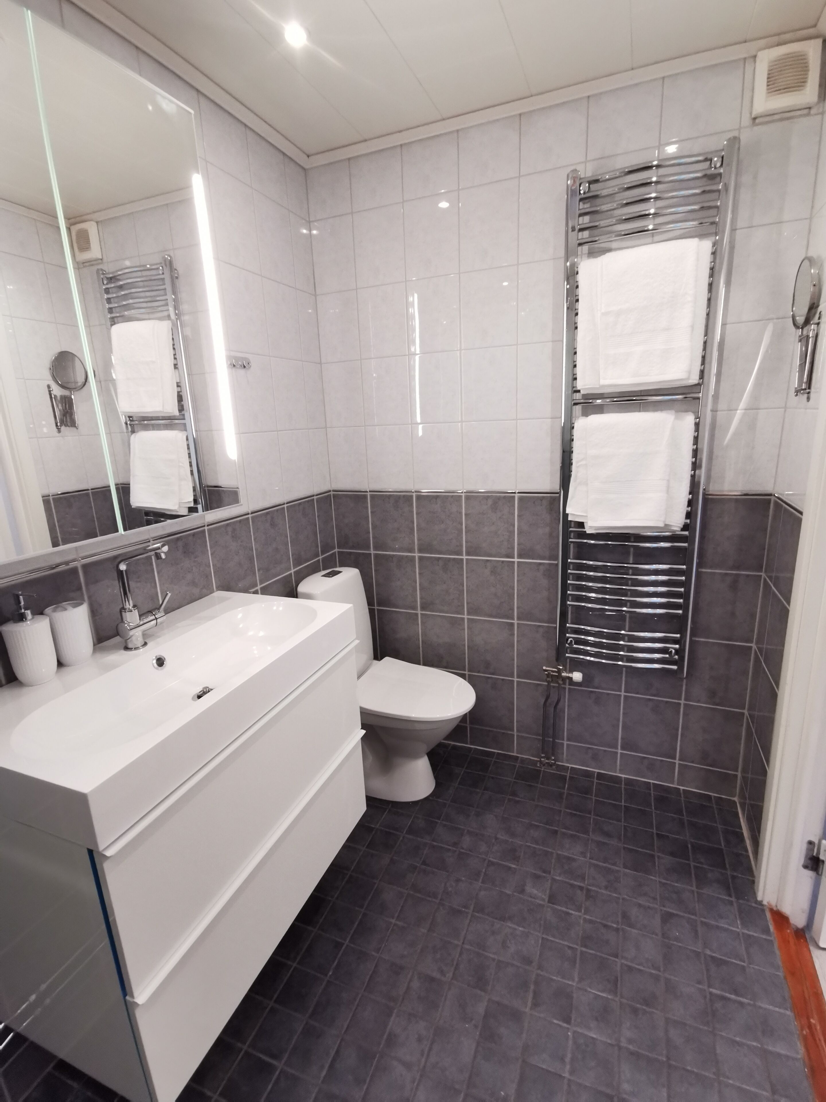 Hårtork, handdukar, tvål och toalettpapper