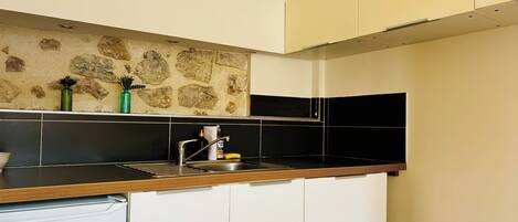 Fridge, microwave, stovetop, coffee/tea maker