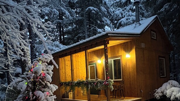 Una cabaña de madera con porche, rodeada de árboles cubiertos de nieve.