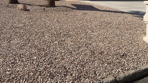 A residential building with a garage, a driveway, and a gravel lawn with palm trees. - Havasu Pool Home with A/C Boat Garage + Toy Parking (Lake Havasu City)