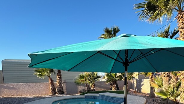 A swimming pool with a pebble-lined edge, surrounded by palm trees and a tiled deck. - Havasu Pool Home with A/C Boat Garage + Toy Parking (Lake Havasu City)