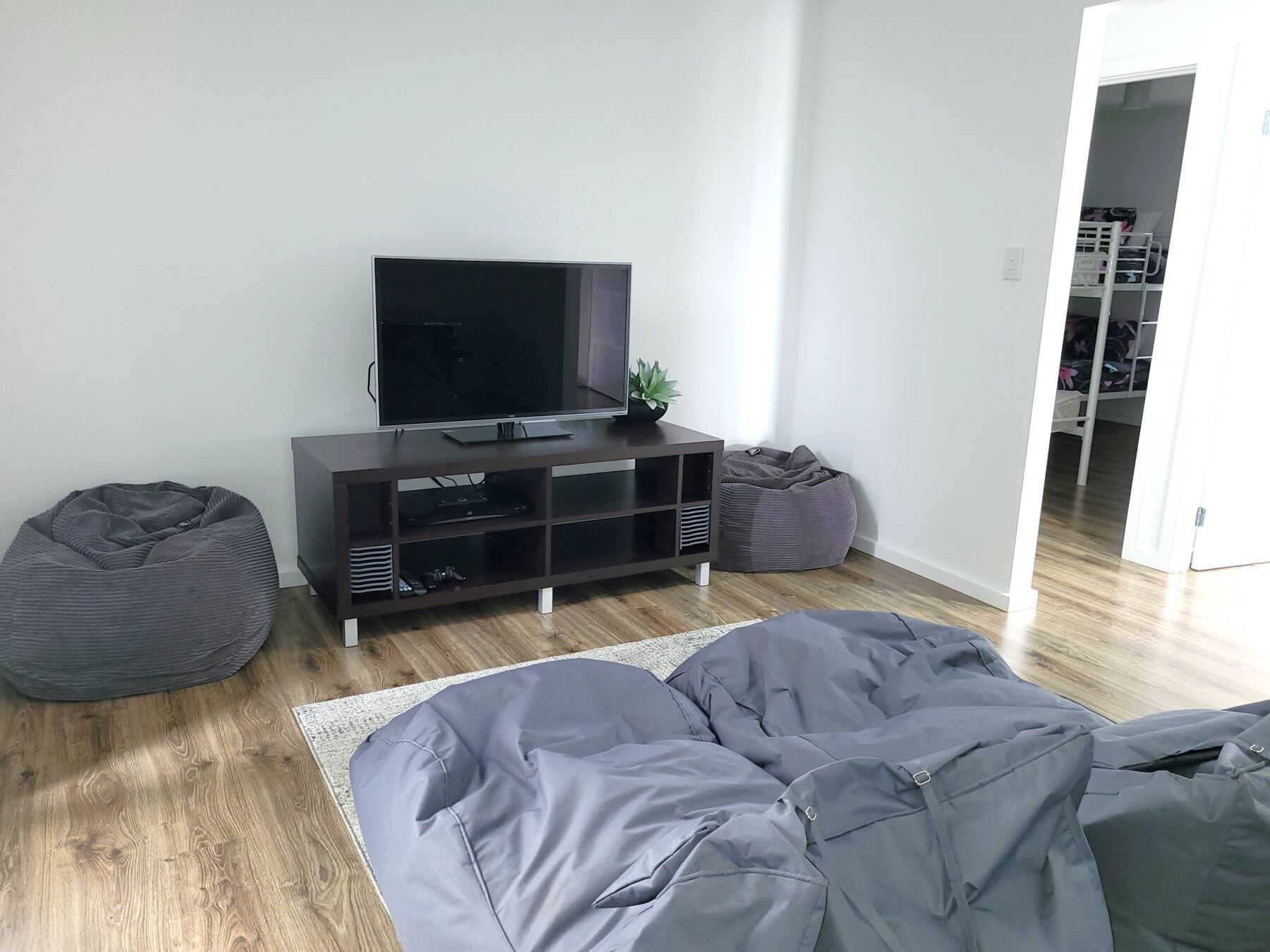 A modern living room with a flat-screen TV, dark wooden entertainment unit, grey bean bag chairs, and a grey sofa.