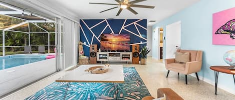 Smart TV, fireplace, video games, stereo