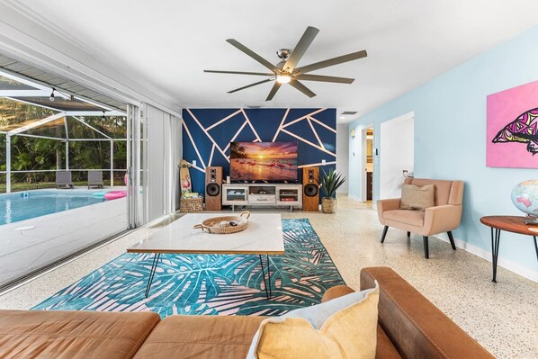 Smart TV, fireplace, video games, stereo