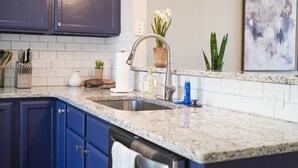 Une cuisine avec des meubles de couleur bleu foncé, un plan de travail en granit, un évier en acier inoxydable et une plante en pot.