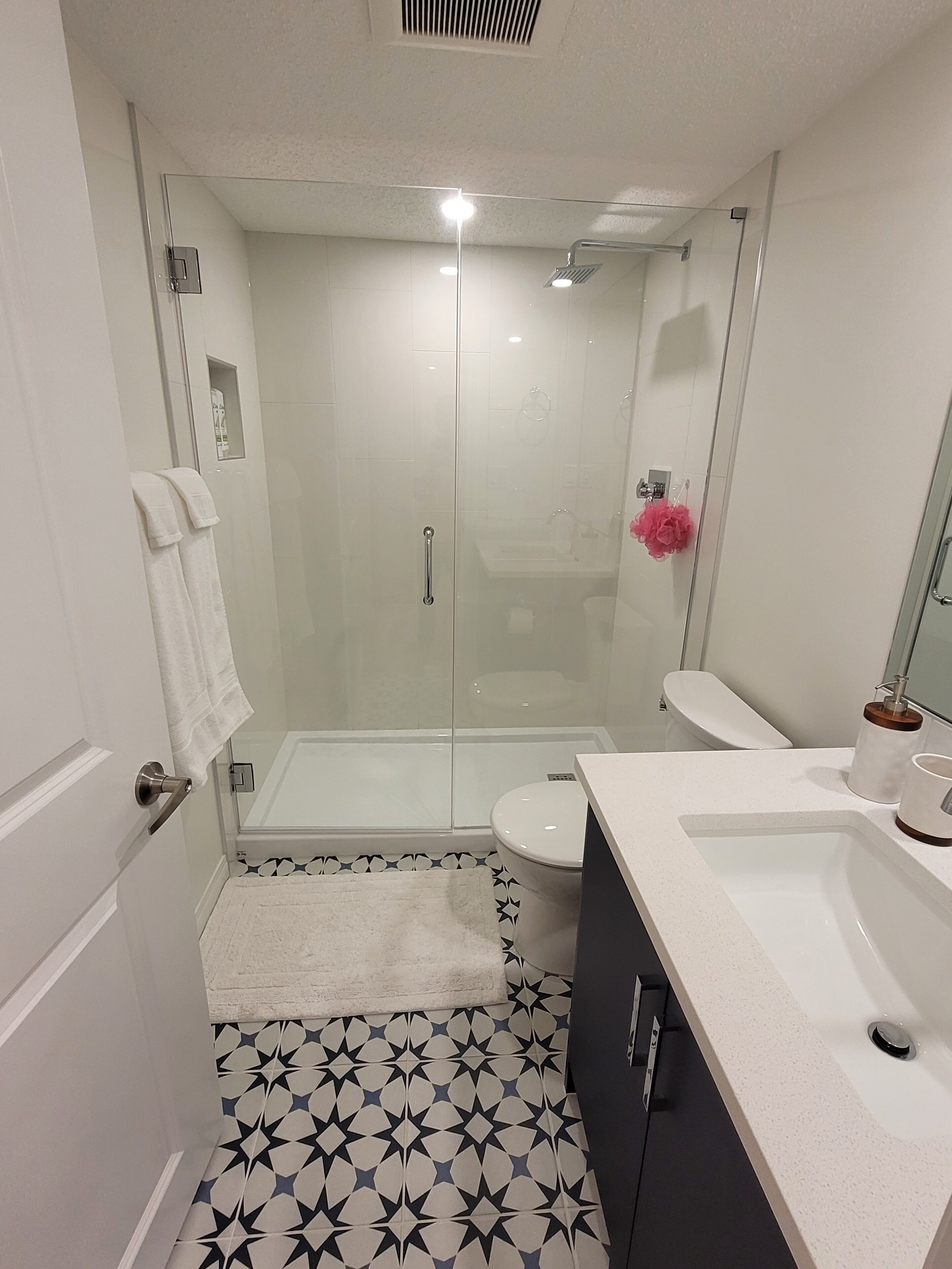 Shower, hair dryer, towels, soap