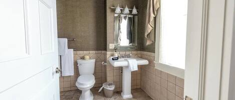 Une salle de bain avec des toilettes, un lavabo et un miroir.