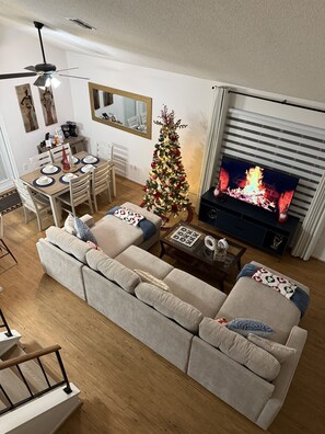 Smart TV, fireplace, foosball, computer monitors
