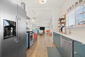 House, Multiple Beds, Pool Access, Pool View (Modern Heart Oasis) | Private kitchen | Fridge, microwave, oven, stovetop - Modern Heart Oasis With Pool! (Palm Springs)