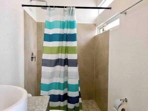 Hair dryer, towels, soap, toilet paper