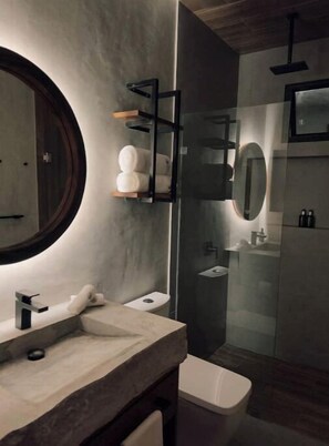 Hair dryer, towels, soap, toilet paper