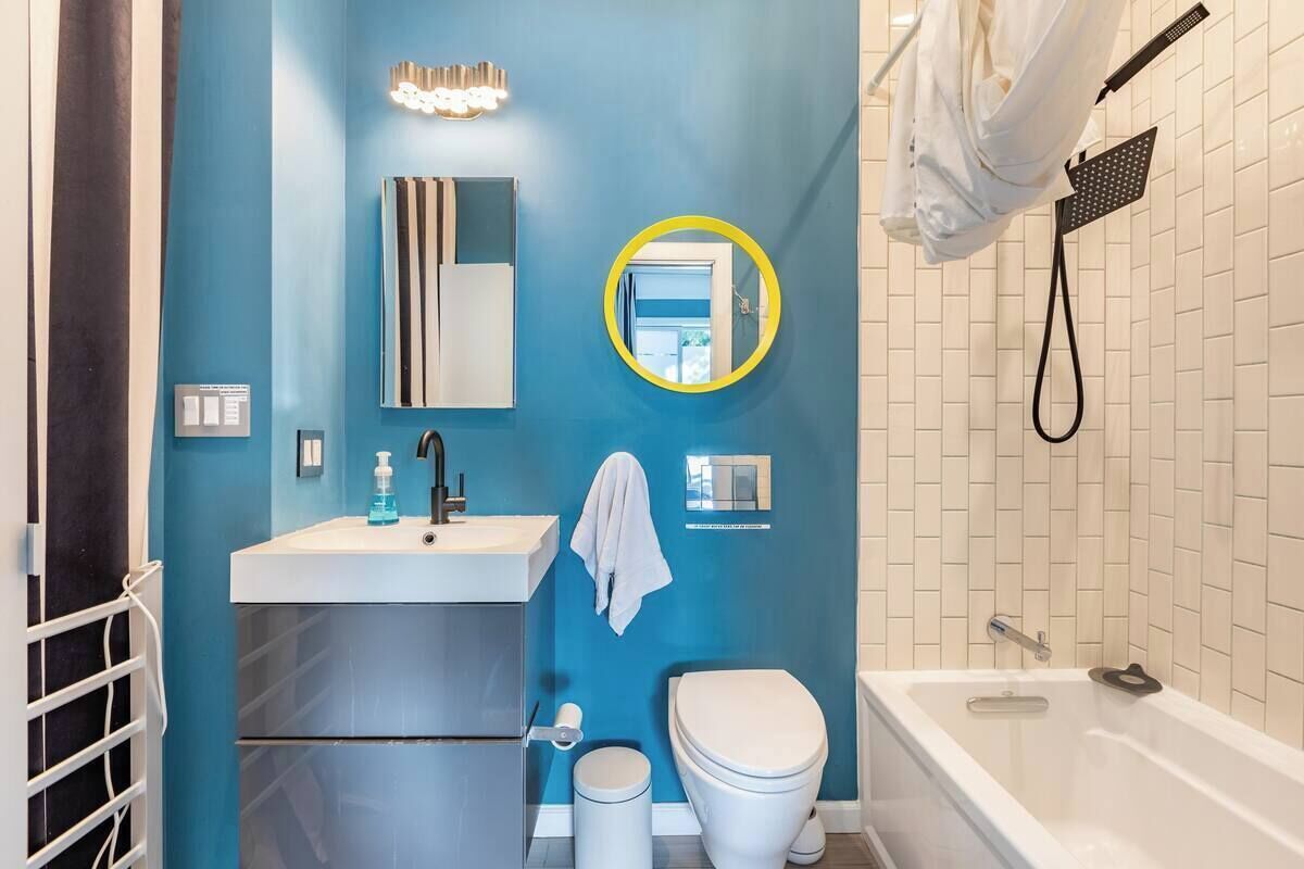 Hair dryer, towels, soap, toilet paper