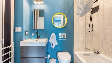 Hair dryer, towels, soap, toilet paper