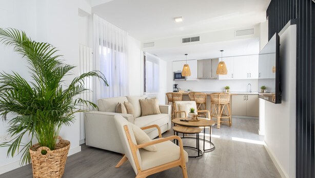 A modern living room with a sofa, a dining table with chairs, a kitchen area, and a large potted plant.