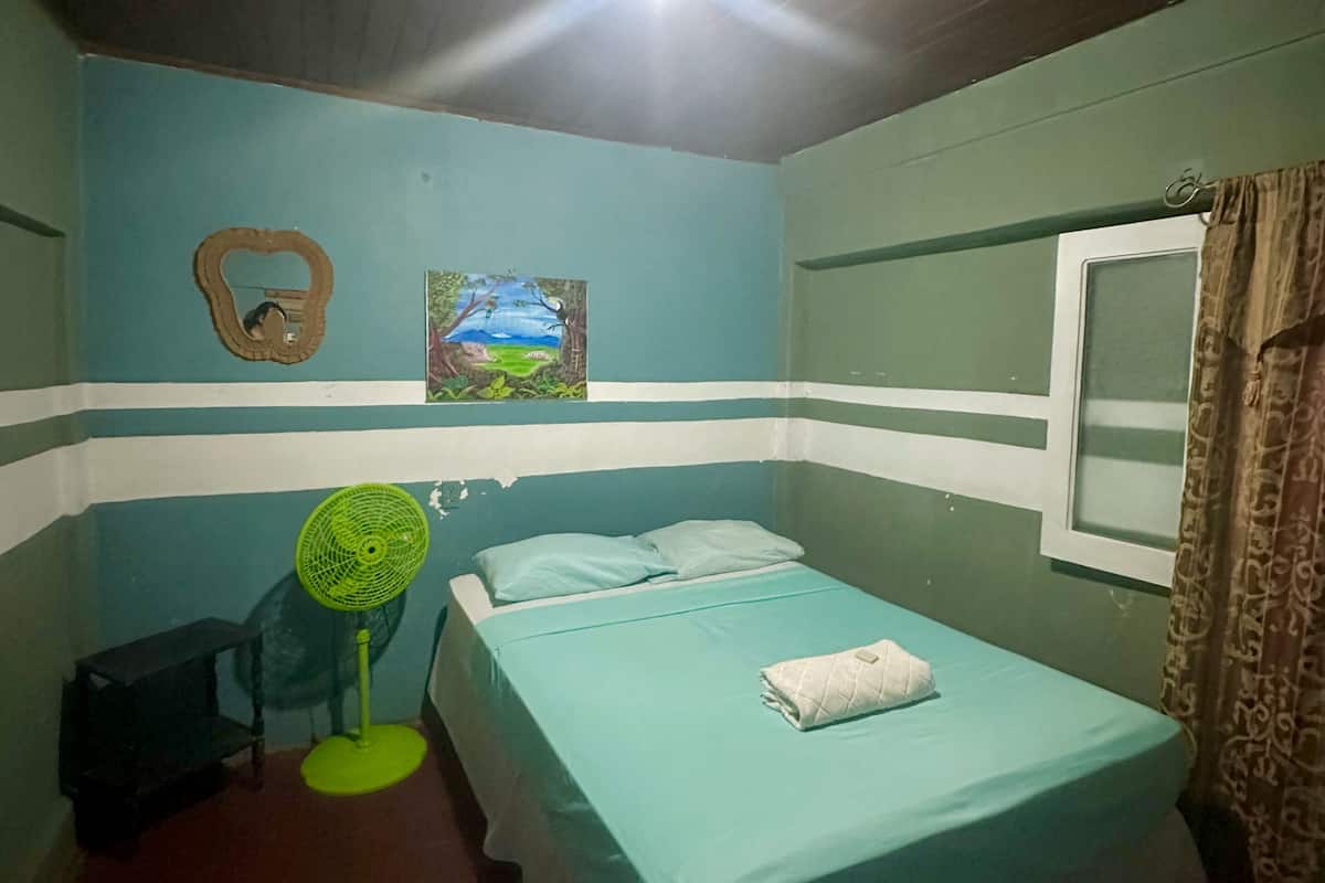 A room with a bed, a fan, a window, and a painting on the wall.