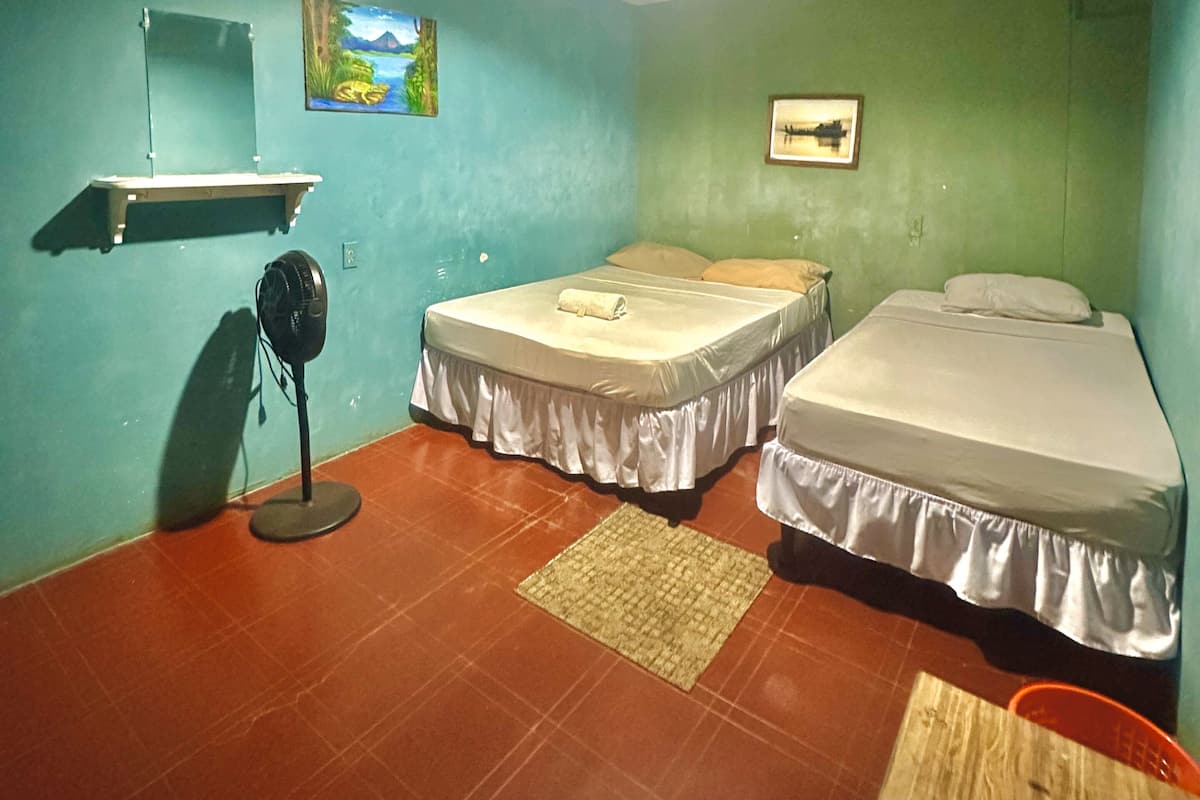 A room with two beds, a standing fan, a shelf with a mirror, and a painting on the wall.