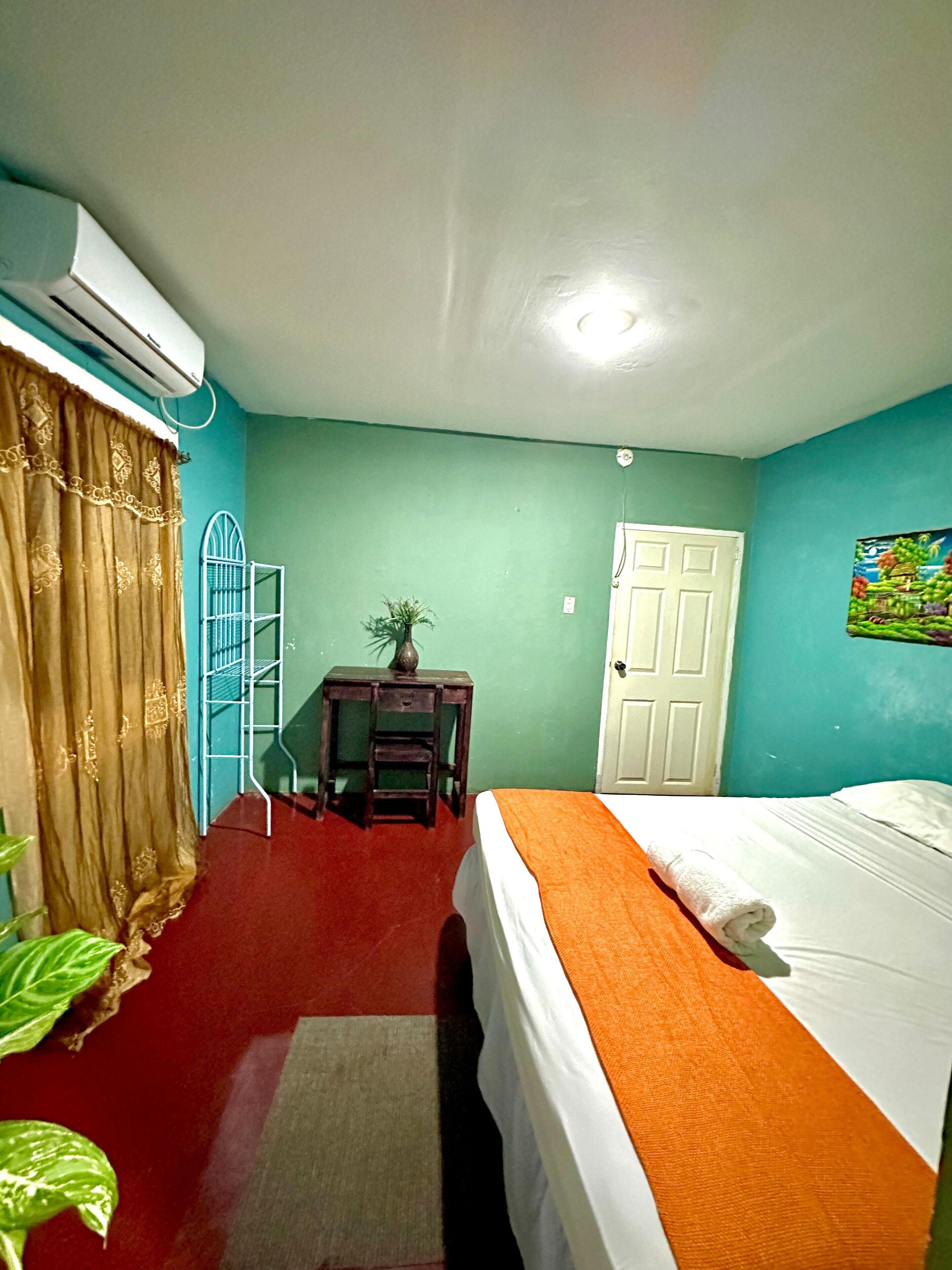 A room with a bed, a desk, a chair, a potted plant, and a door.