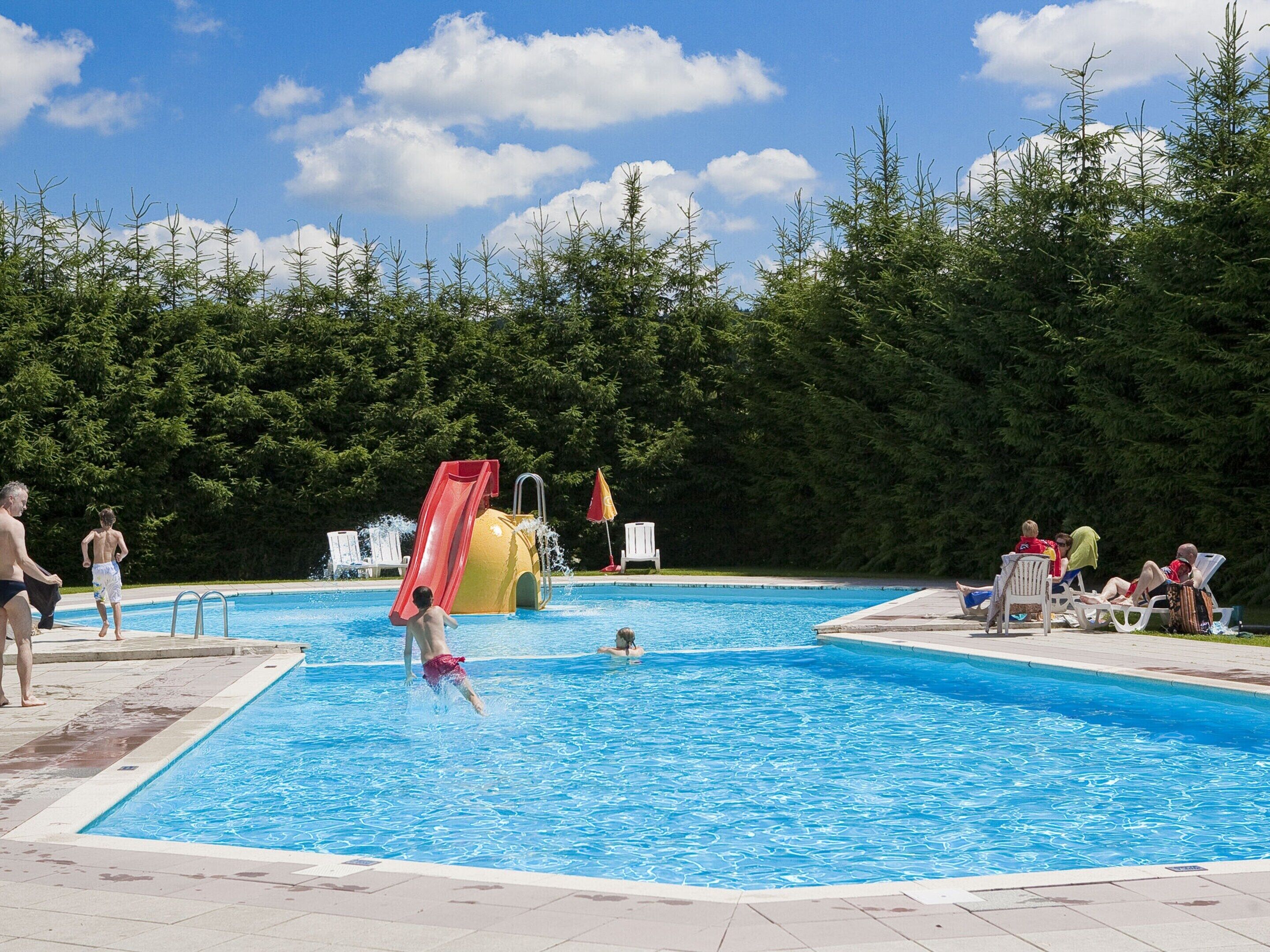 Une piscine avec un toboggan, entourée d’arbres et de chaises longues.