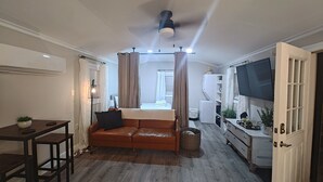 A compact living space with a bed, a sofa, a small table, a TV, and a kitchenette. - Charming Cozy Cottage Pittsboro  (Pittsboro)