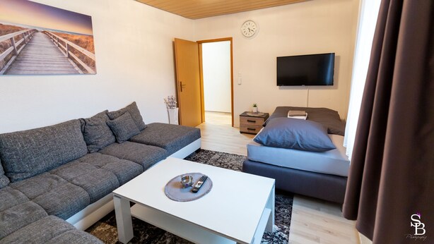 Een moderne woonkamer met een grijze bank, een witte salontafel, een blauwe bank, een flatscreen televisie en een houten plafond.