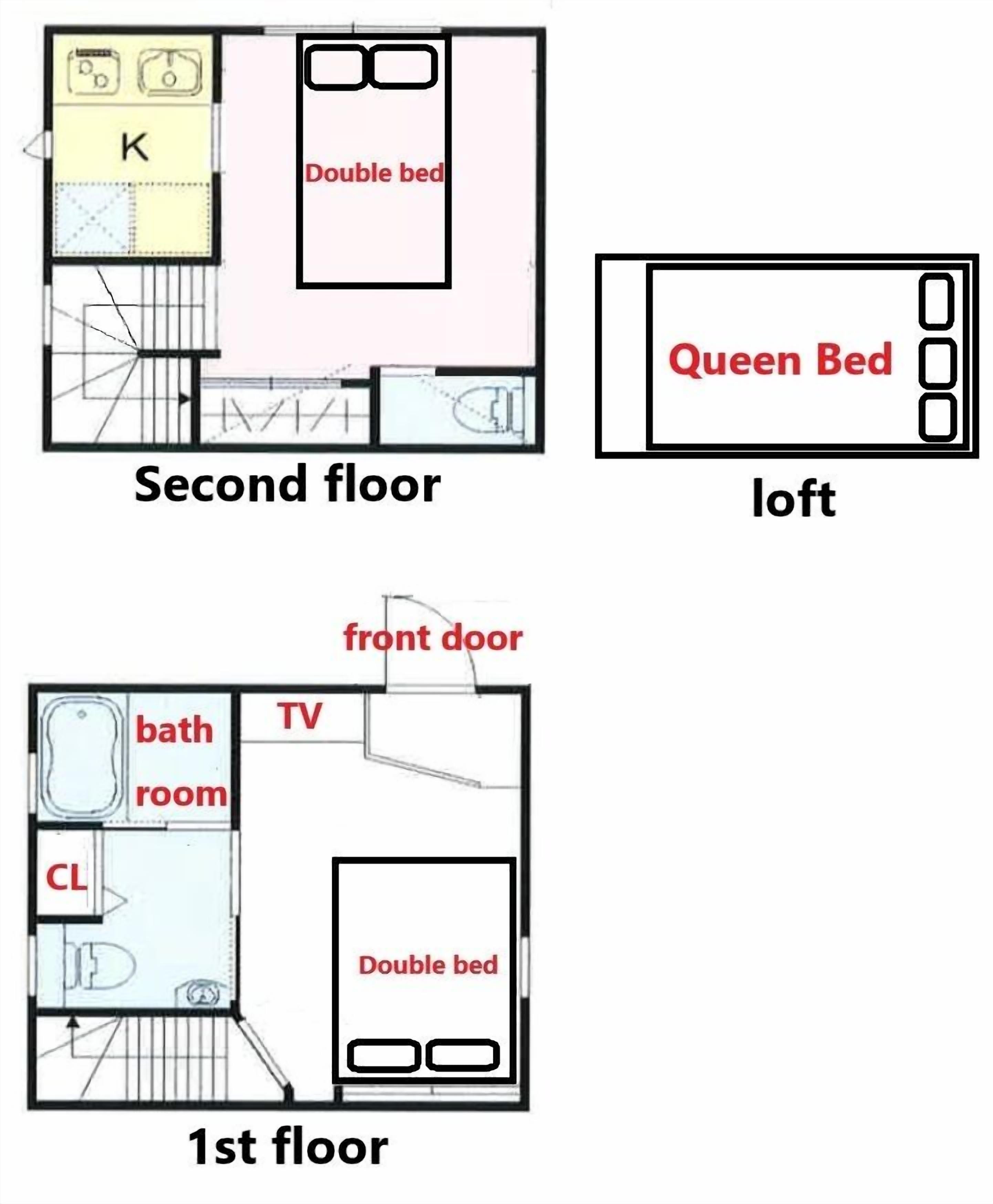Grundriss eines Hotels mit einer zweiten Etage, die ein Doppelbett, ein Badezimmer und einen Fernsehraum zeigt. Die erste Etage umfasst eine Eingangstür, ein Badezimmer, einen Fernsehraum, ein Wohnzimmer und ein Doppelbett.