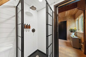 Shower, soap, shampoo, toilet paper - Modern Adirondack A-Frame Retreat (Indian Lake)