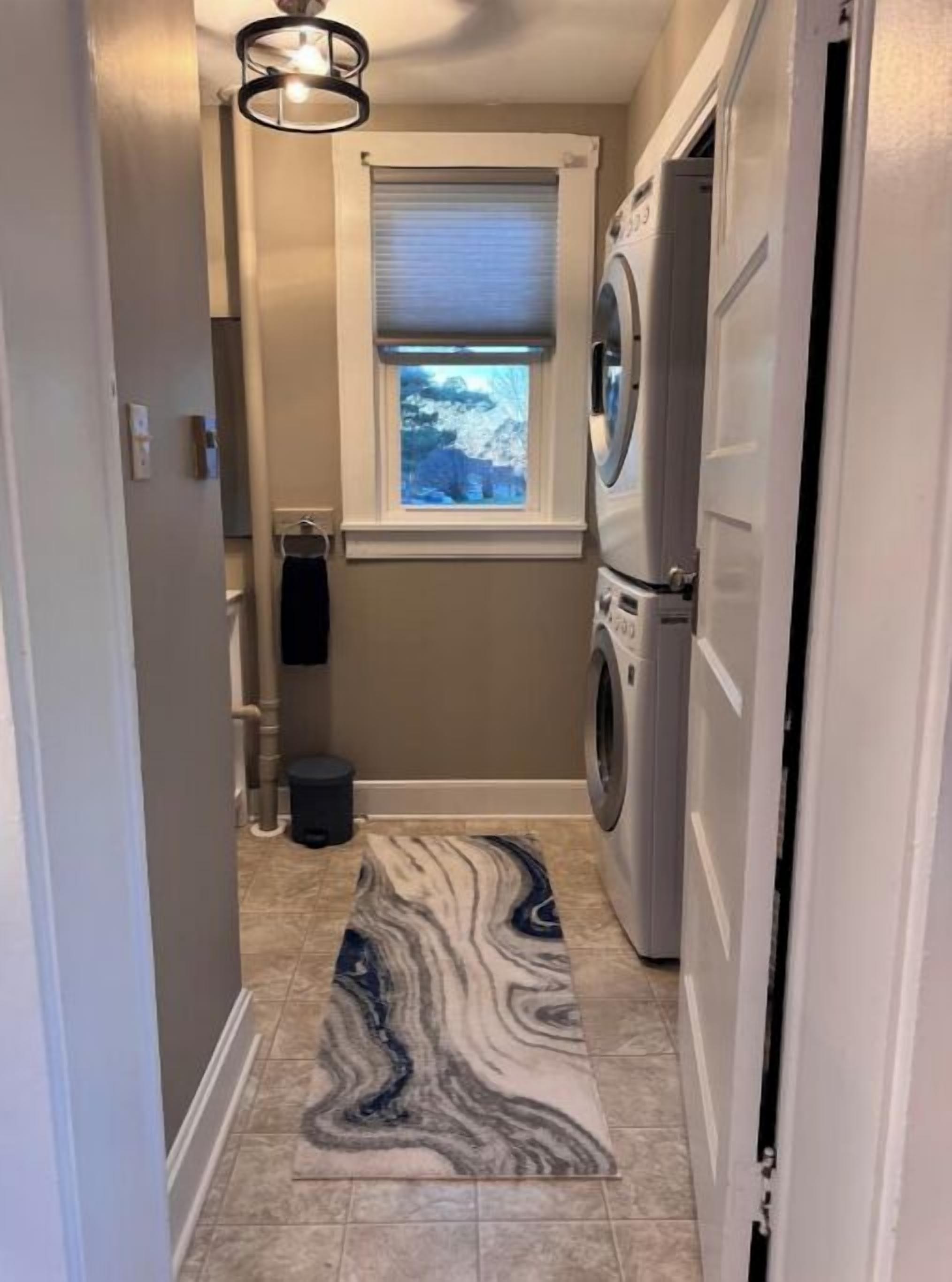 A narrow hallway with a marble-patterned rug, a washing machine, and a window with a view of a snowy landscape.