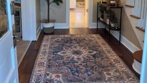 Un passadís amb un rug ornamental, una planta en test, una escala i un llum penjant.