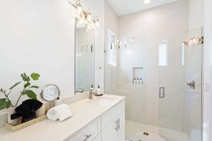 Shower, hair dryer, shampoo