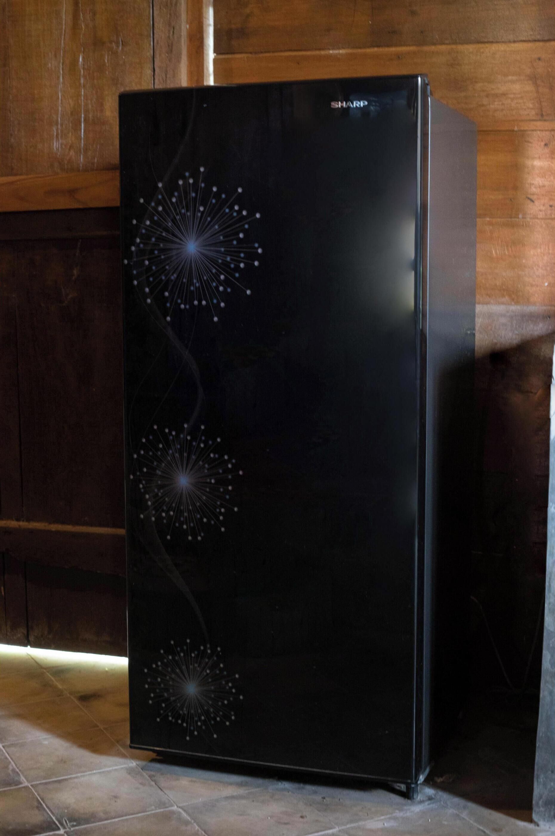 A black refrigerator with a decorative design against a wooden wall.