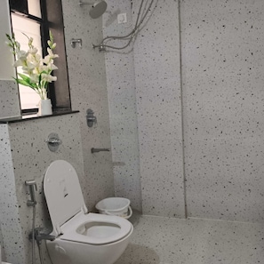 Shower, bidet, towels, toilet paper