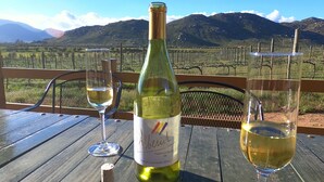 Una botella de vino y dos copas sobre una mesa de madera, con vistas a un viñedo.
