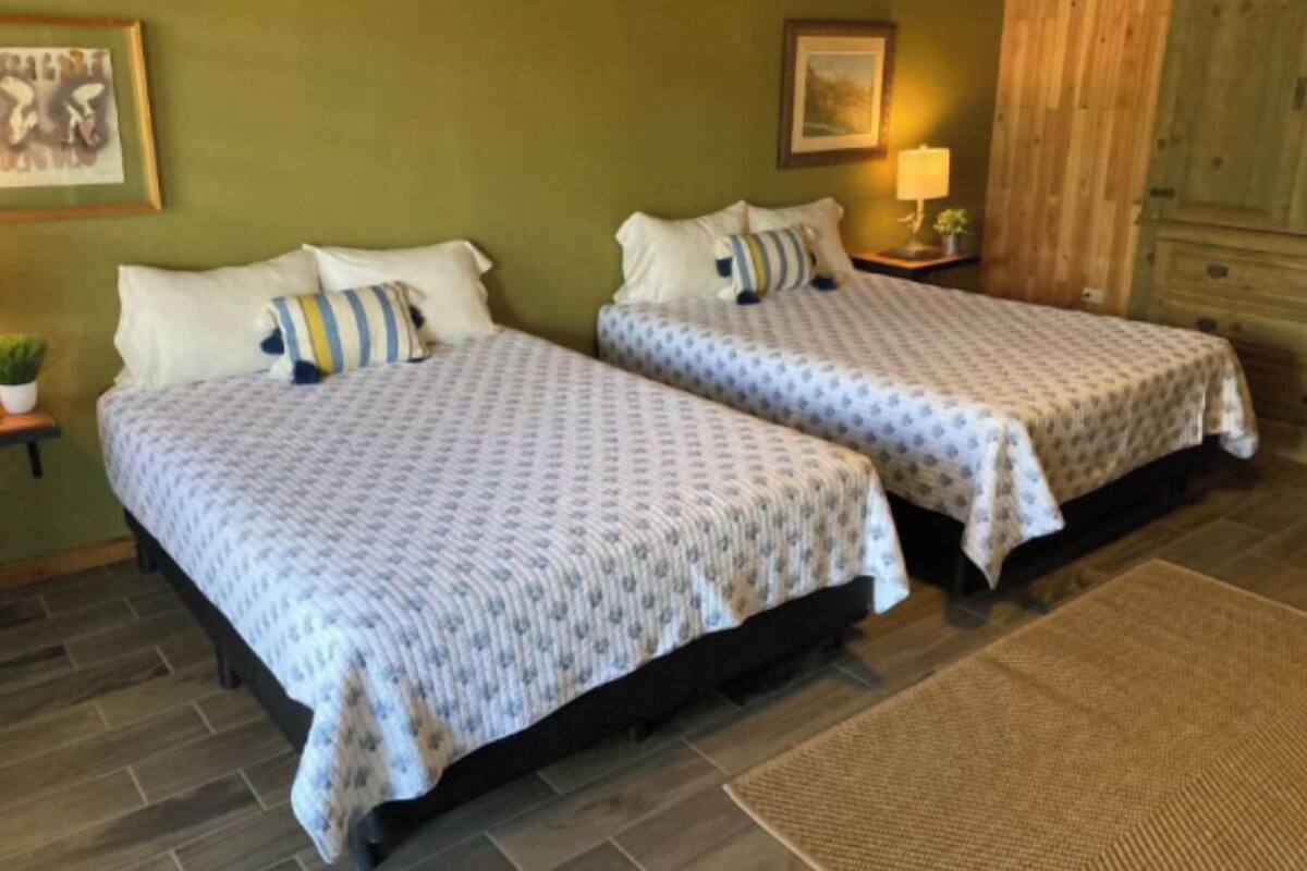 Quarto com duas camas, cada uma com colcha estampada e almofadas, uma mesinha com abajur e um quadro na parede.