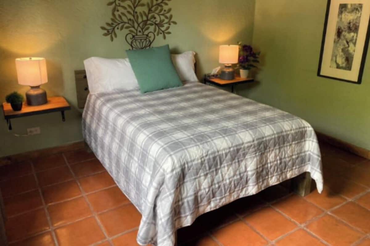 Quarto com uma cama, duas mesas de cabeceira, uma planta na parede e um quadro emoldurado.
