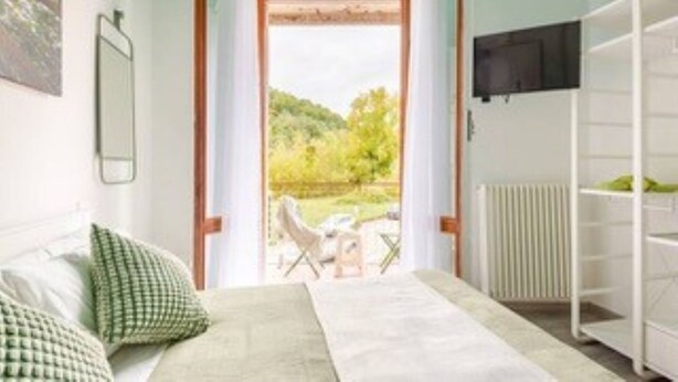 Un dormitorio con cama, televisor, armario y vista a un jardín.