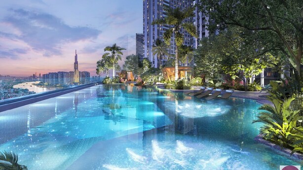 A rooftop infinity pool with a city skyline view, surrounded by lush greenery and palm trees.