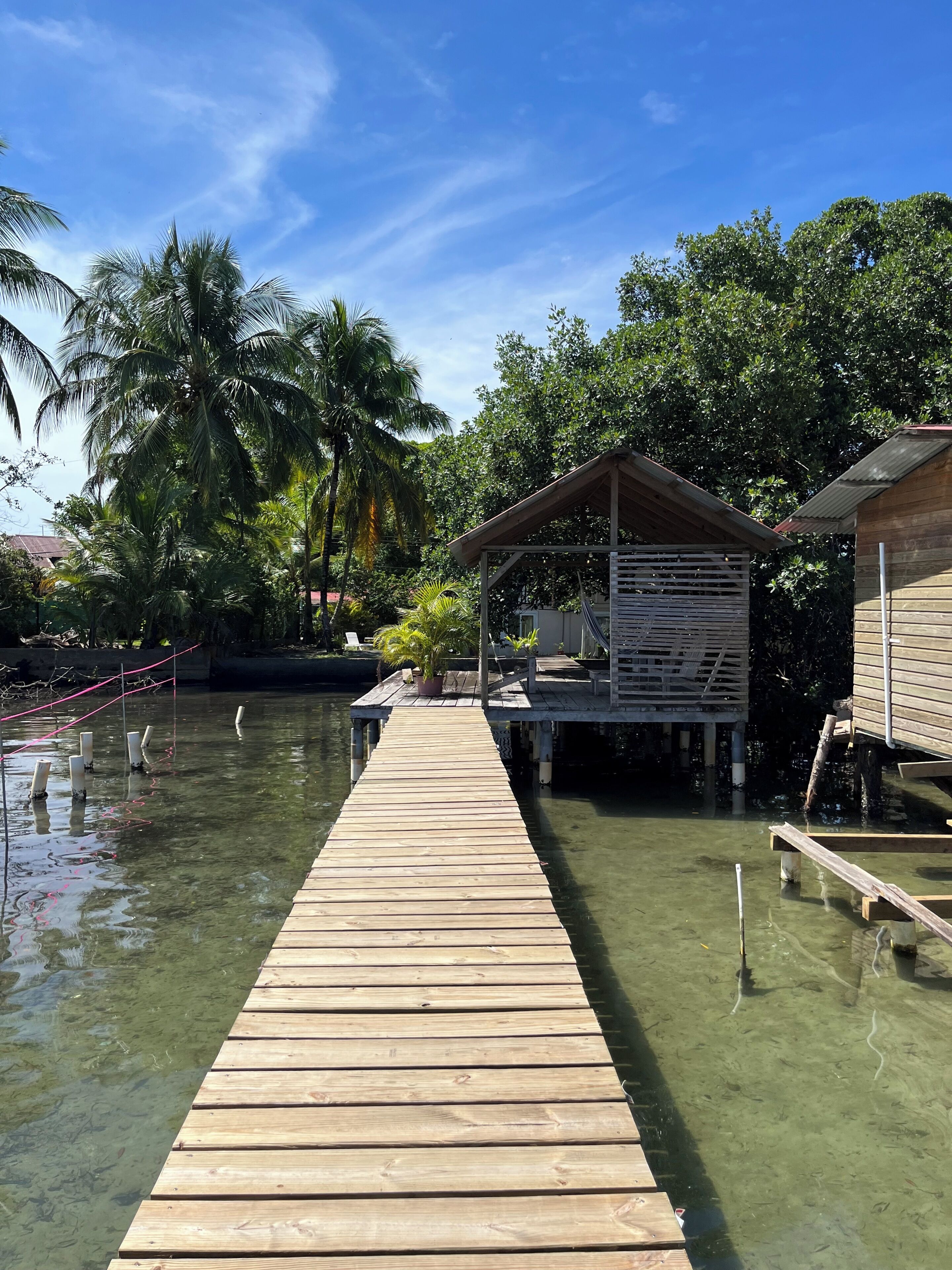 Un muelle de madera que conduce a una estructura de madera con techo inclinado, rodeada de palmeras y agua cristalina.