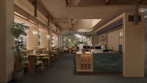 A modern cafe with wooden furniture, a counter, and large windows allowing natural light. - PandaSleepHotel (Chengdu)