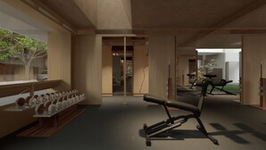 A modern interior with a wooden bench, a wall-mounted dumbbell rack, and a doorway leading to a gym area. - PandaSleepHotel (Chengdu)