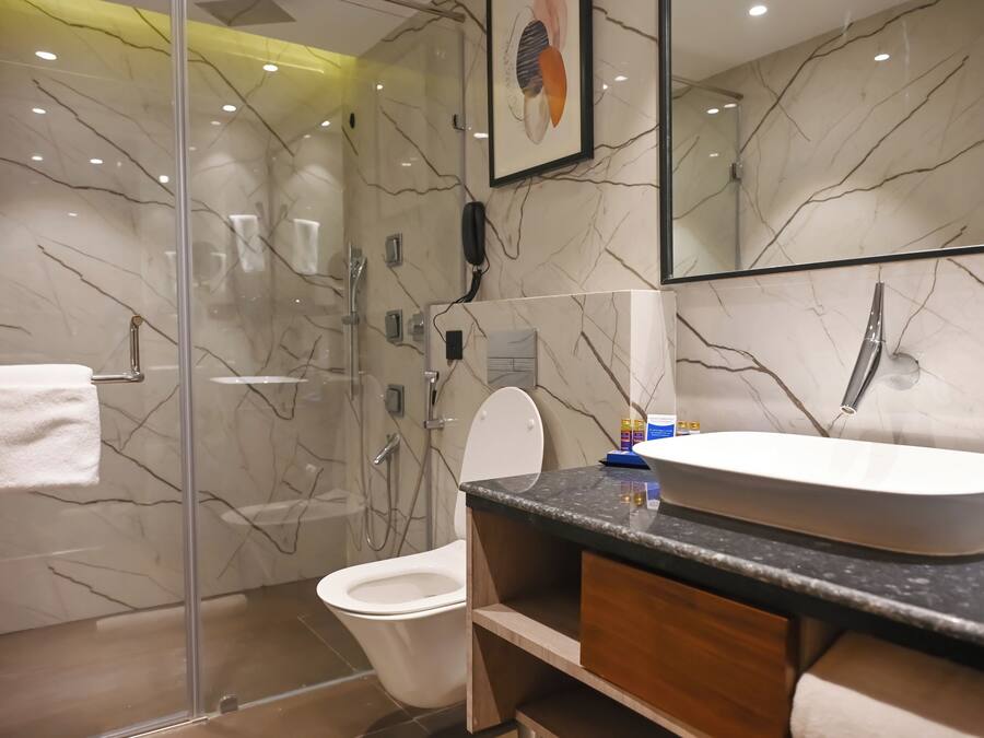 Et moderne badeværelse med en brusekabine i glas, et hvidt toilet og en vaskepult med en stor vask.