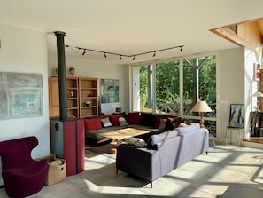 TV, fireplace, books, stereo