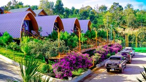 A row of dome-shaped cabins with wooden exteriors, surrounded by lush greenery and vibrant flowers. - EVA VILLAGE (Dong Gia Nghia)