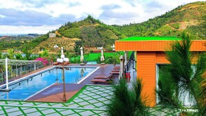 A swimming pool with a green deck, lounge chairs, and umbrellas, surrounded by lush greenery and hills. - EVA VILLAGE (Dong Gia Nghia)