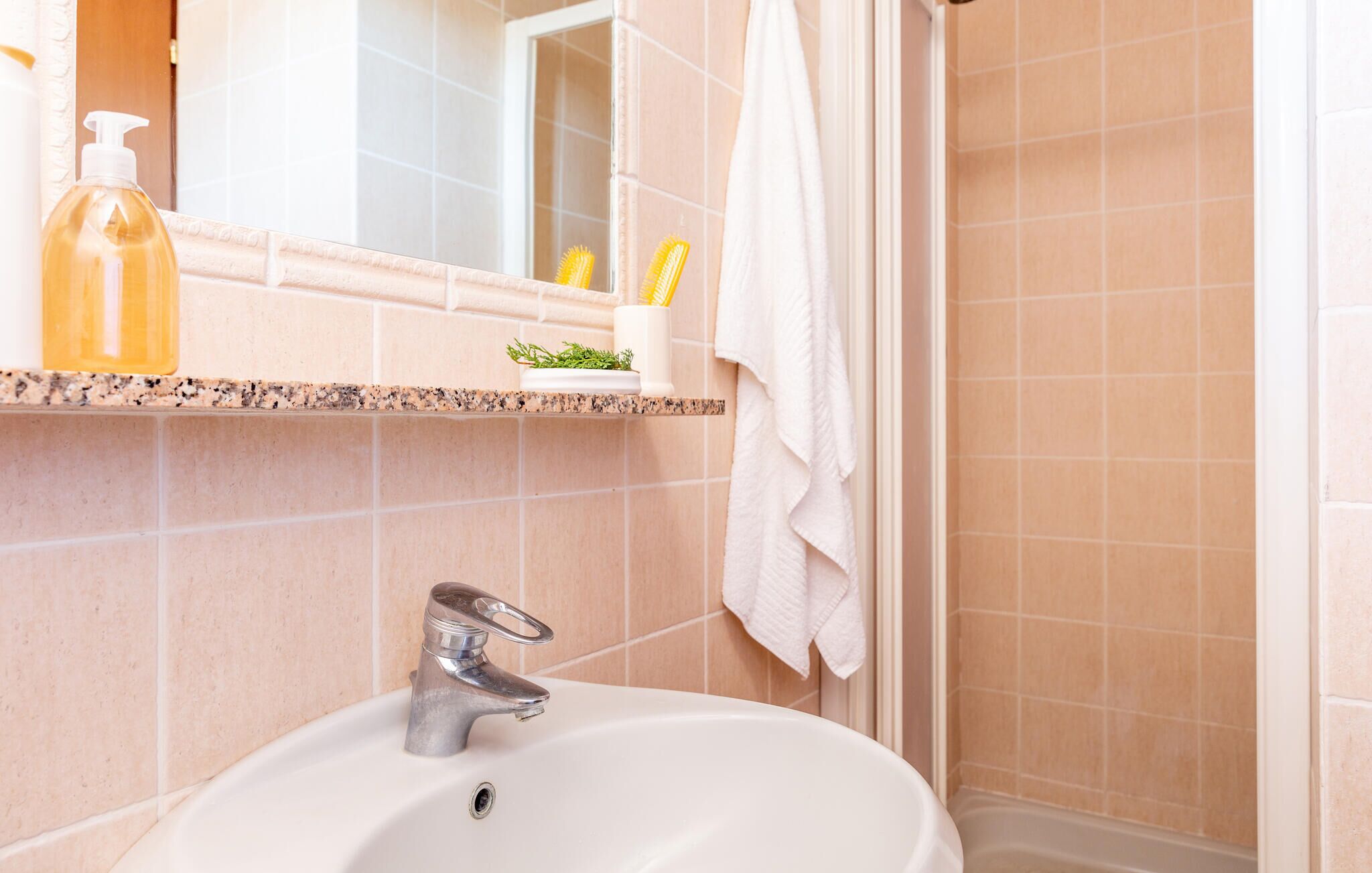Un bany amb un lavabo blanc, un mirall, una barra de tovalloles i una prestatgeria amb productes de tocador.