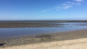 En strand med klare himmel, roligt vand og en fjern kystlinje.