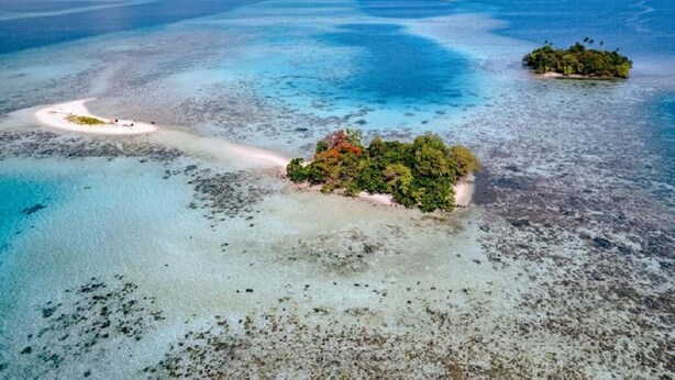 Vista aérea de una isla tropical con aguas turquesas cristalinas, una playa de arena y vegetación exuberante.
