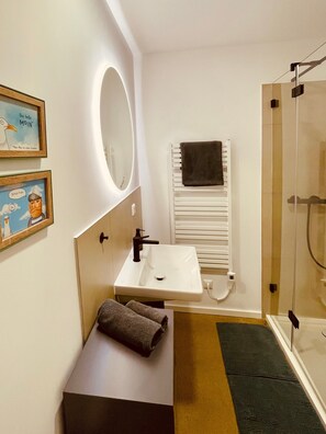 Shower, hair dryer, towels