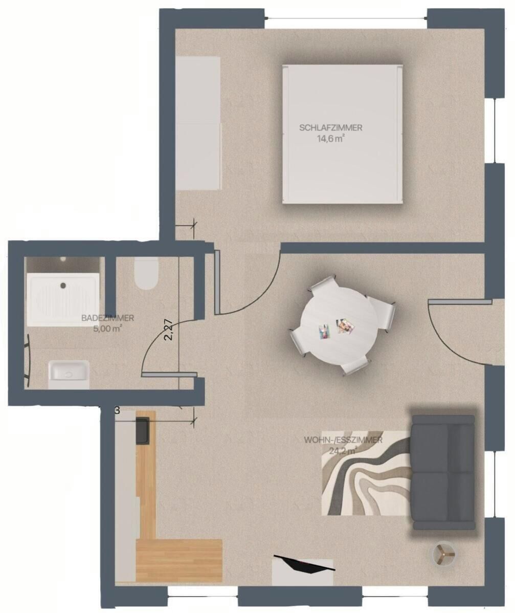 A floor plan with a living room, dining area, two bedrooms, and a bathroom.