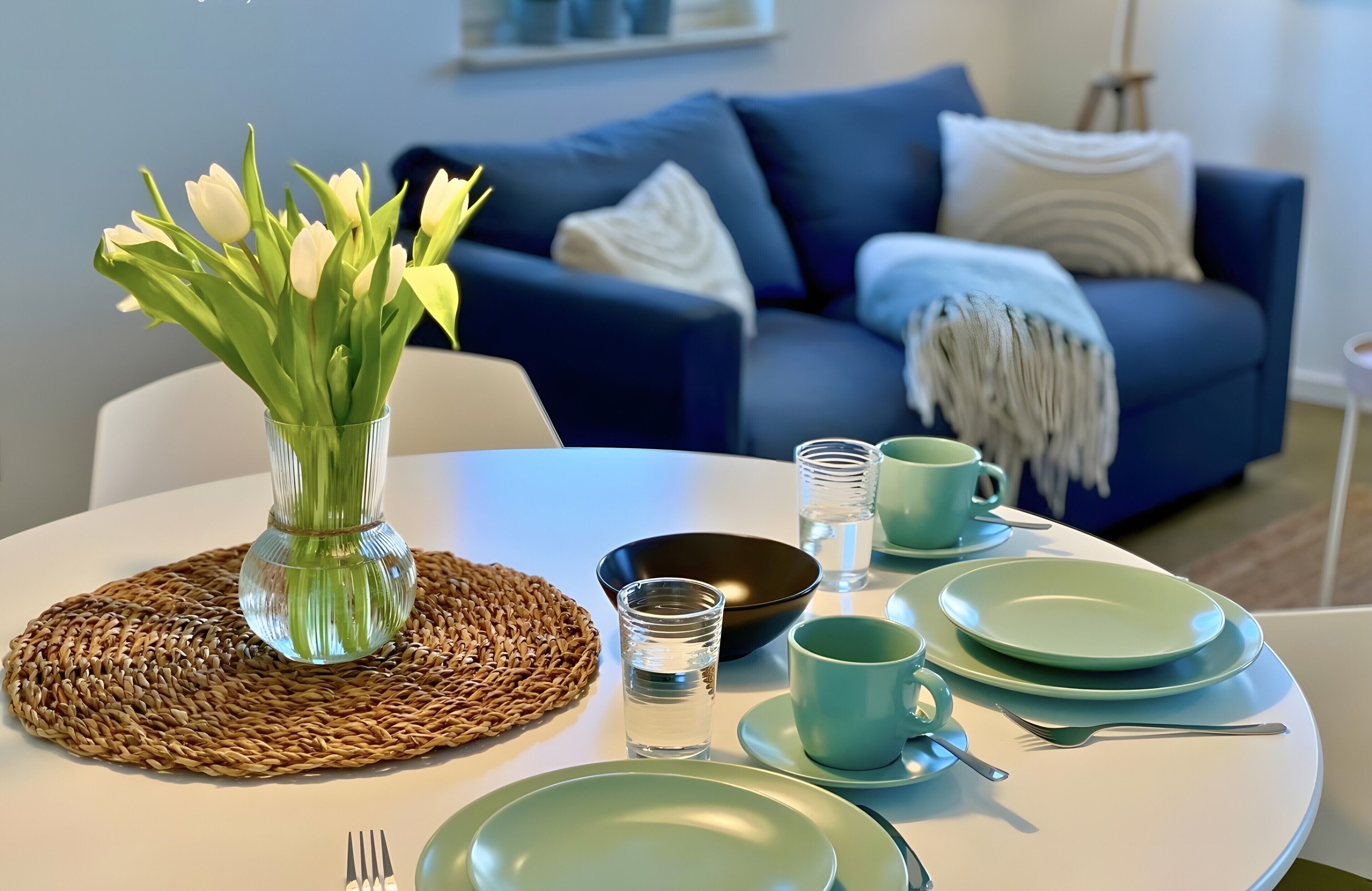 A dining table with a vase of white flowers, teal plates, and a black bowl.