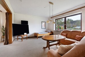 Ein Wohnzimmer mit Sofa, Couchtisch, Fernseher, Fenster mit Blick und einer Pflanze.